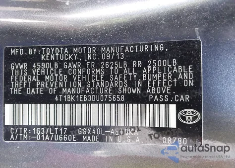 2013 Toyota Avalon Xle Touring из США, поврежденный, VIN 4T1BK1EB3DU075658